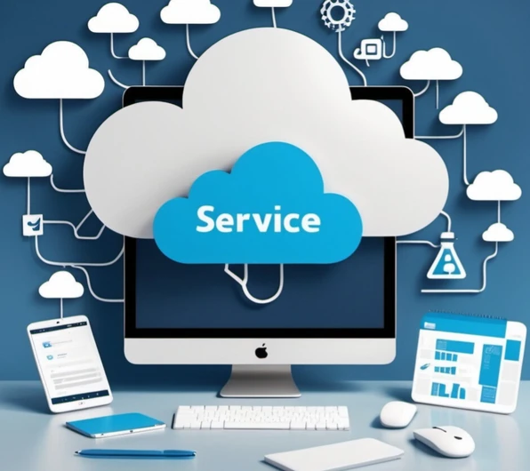 Illustration von Cloud-Service und moderner IT-Technologie auf Desktop und mobilen Geräten.