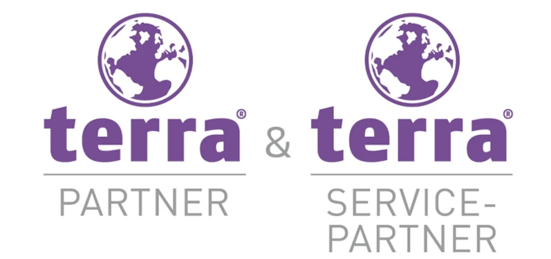 Zwei lila Terra Partner-Logos mit Globus-Symbol für IT-Service und Partnerschaft.