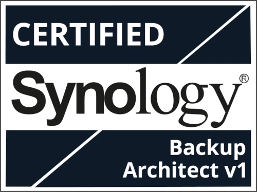 Zertifikat für Synology Backup Architect v1 mit Fokus auf Datensicherung und IT-Sicherheit.